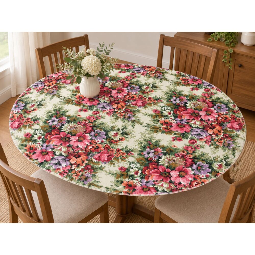 Vintage Cottage Fairy Feminine Oval  Floral Table Cloth